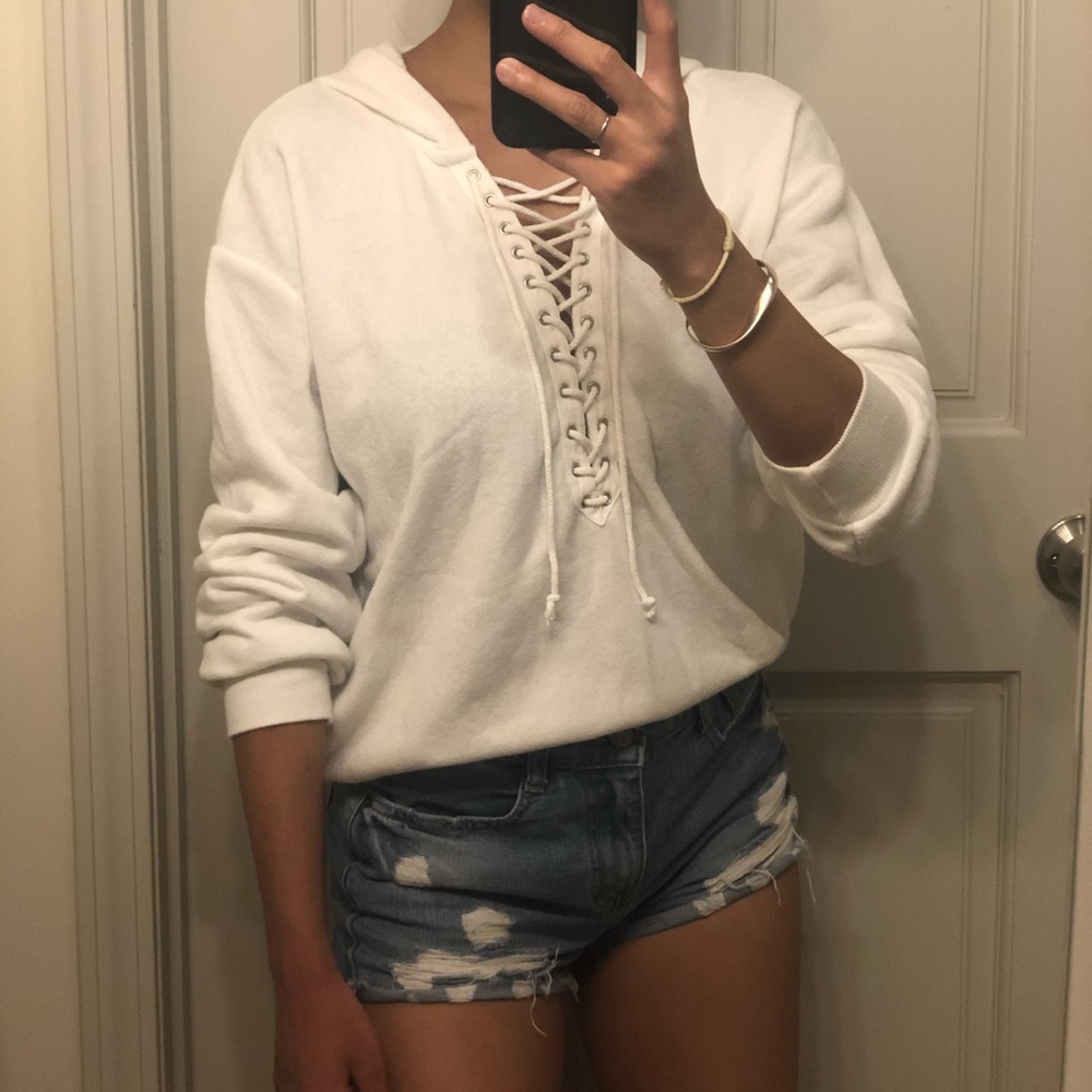 White Lace-up Fleece Hoodie (Medium)